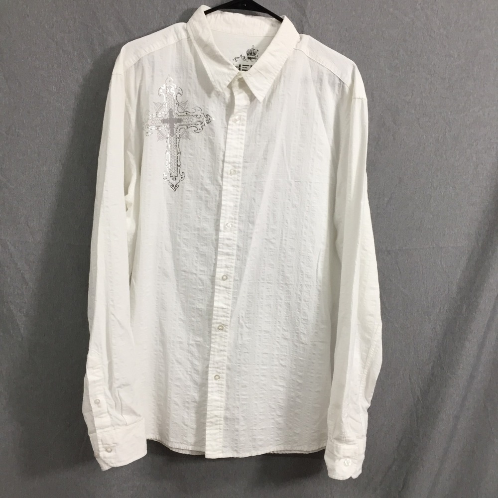 Helix Mens White Gothic Cross Graphic Button Up Shirt XXL Silver Foil Y2K Cotton